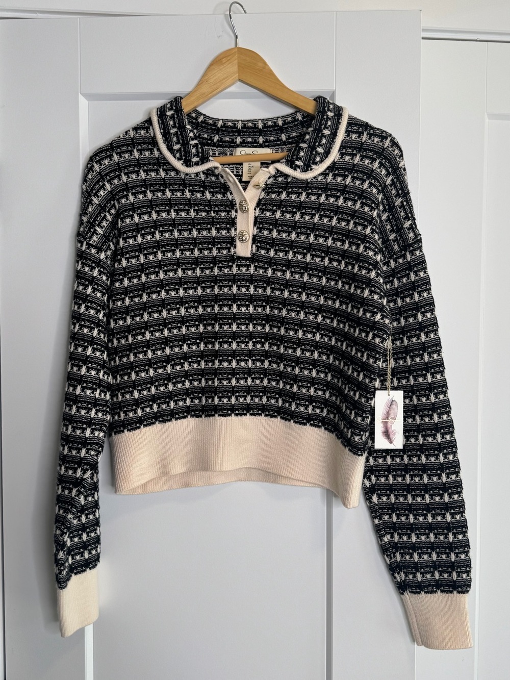 Jessica Simpson Black and Cream Patterned Knit Polo Sweater